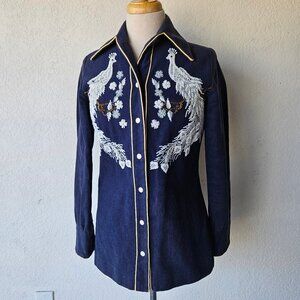 Vintage 70s Blue Indigo Denim Peacock Seed Beaded Embroidered Western Shirt M